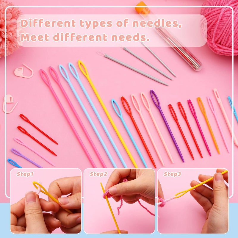 FTEVEN 61Pcs Plastic Large Eye Sewing Needles Set, Yarn Needles Bent Tapestry Needles, Sewing Needles, Large Eye Blunt Needles with Colorful Stitch Markers and Straight Pins for Knitting Crochet Sewing - Image 5